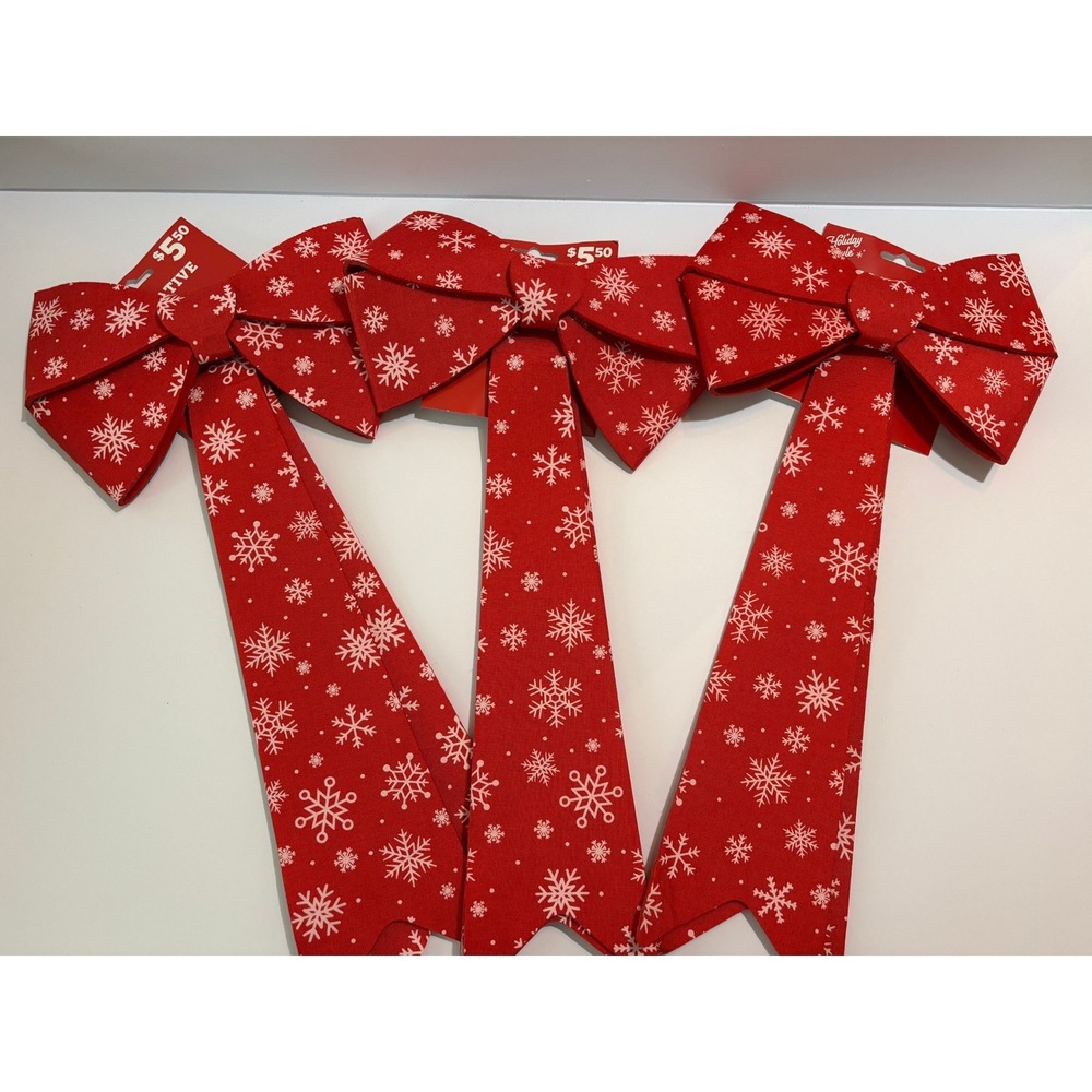 Holiday Style Set of 3 Red Snowflake Christmas Bows Decorative Tree Topper 20in